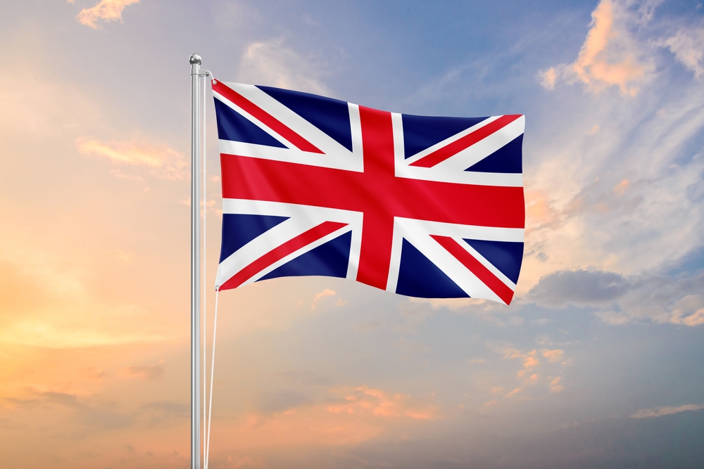 United,Kingdom,Flag,Waving,On,Sundown,Sky