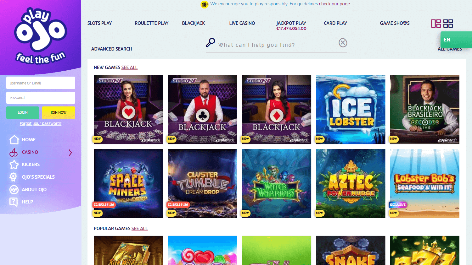 playojo casino game gallery desktop